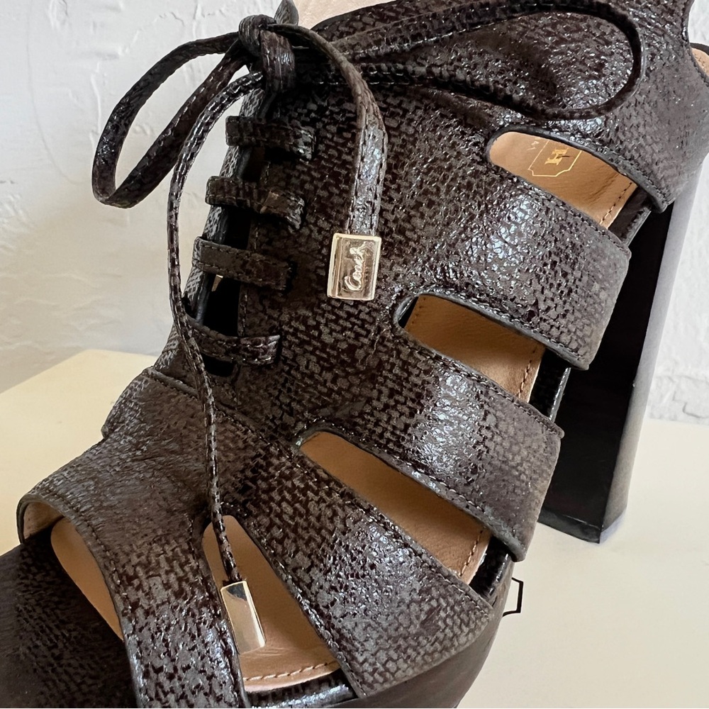 COACH  Moreen Shiny Textured Lace-Up Stacked Heels in Olive size 8.5M 🫒 - Picture 4 of 16